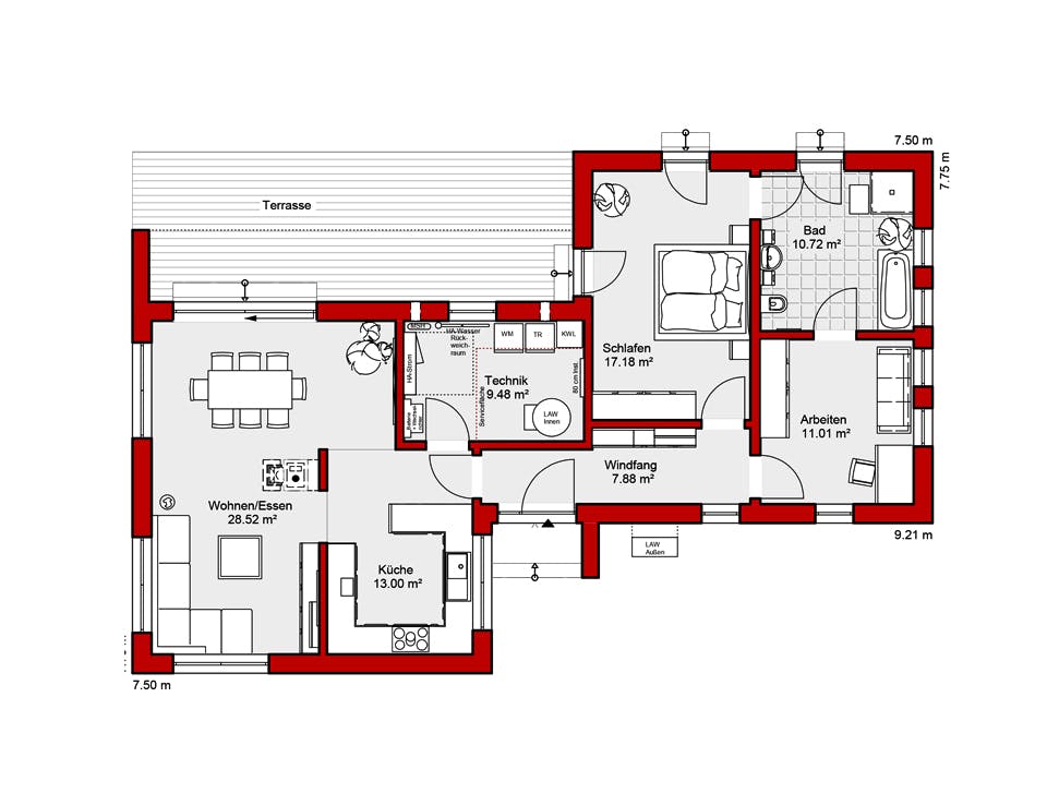 Fertighaus EDITION B 98 von Wolf-Haus Schlüsselfertig ab 358720€, Bungalow Grundriss 1