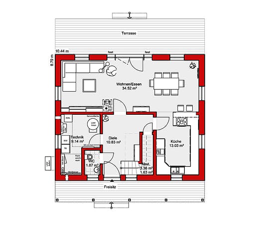 Fertighaus EDITION E 139 von Wolf-Haus Schlüsselfertig ab 369515€, Satteldach-Klassiker Grundriss 1