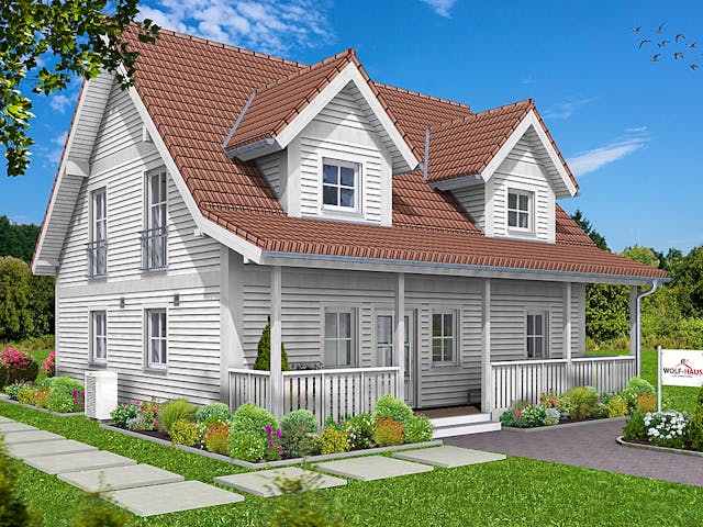 Fertighaus EDITION E 148 von WOLF-HAUS Schlüsselfertig ab 397338€, Satteldach-Klassiker Außenansicht 1