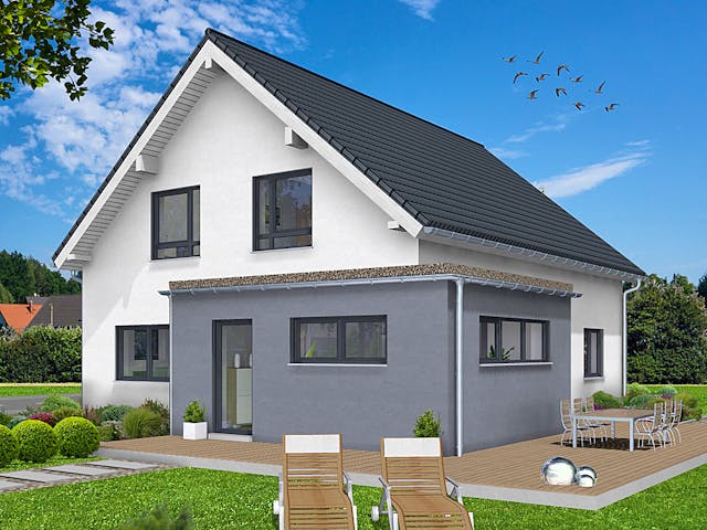 Fertighaus EDITION E 165 von WOLF-HAUS Schlüsselfertig ab 399778€, Satteldach-Klassiker Außenansicht 1