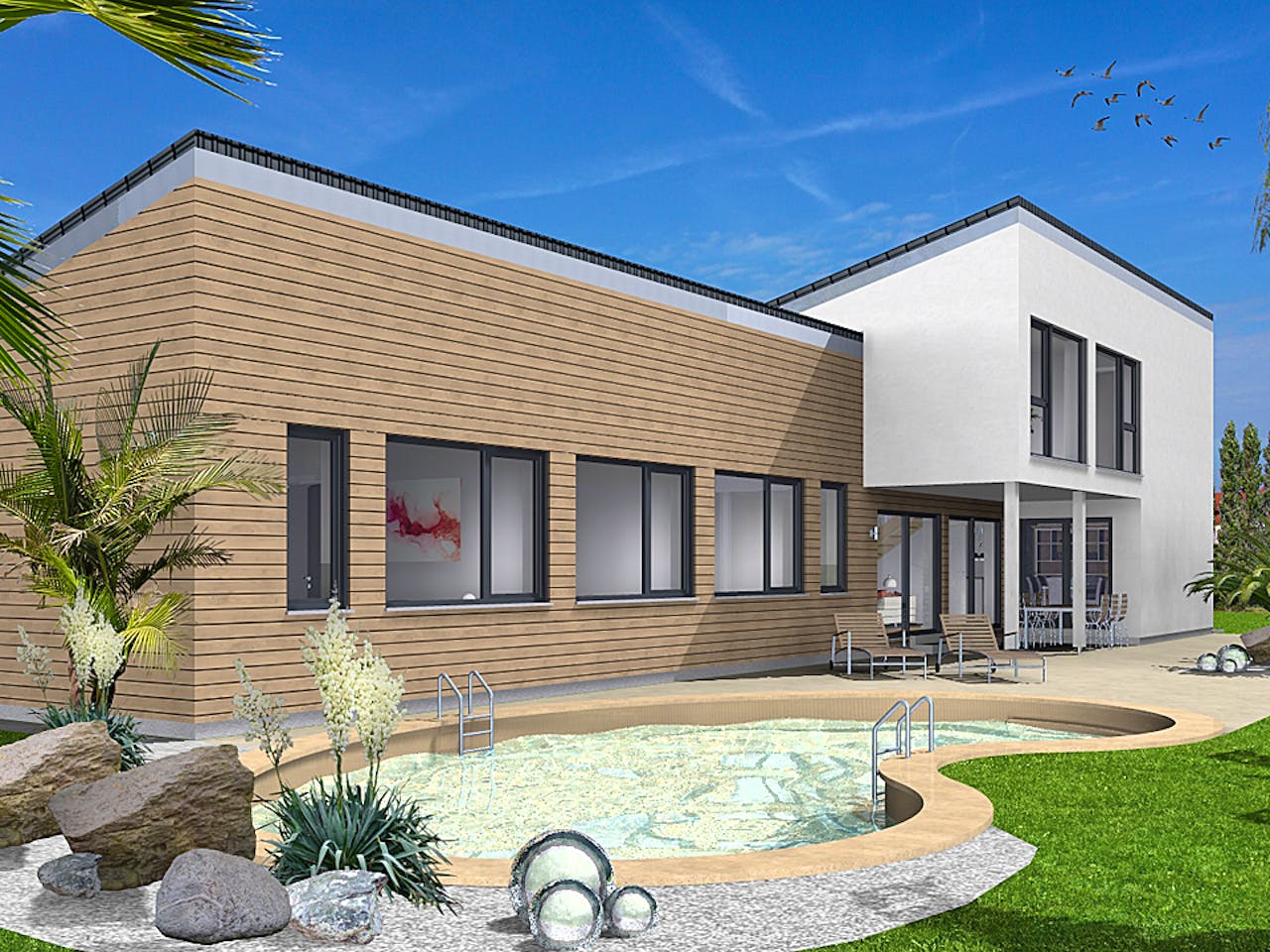 Fertighaus EDITION E 203 von WOLF-HAUS Schlüsselfertig ab 502727€, Pultdachhaus Außenansicht 1