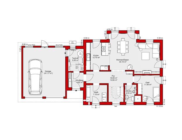 Grundriss Einfamilienhaus mit praktischem Windfang und Doppelgarage von WOLF-HAUS