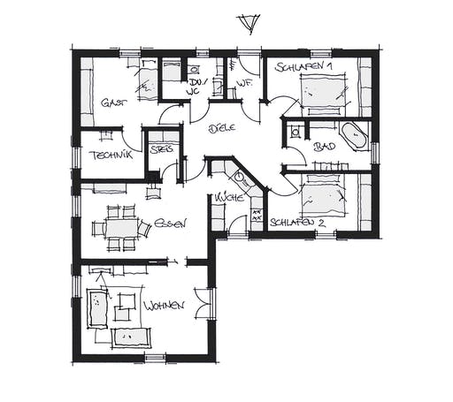 Fertighaus Bungalow Nöham von Wolf System Schlüsselfertig ab 260000€, Bungalow Grundriss 1