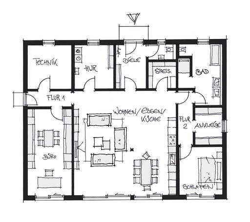 Fertighaus Bungalow Wolframs-Eschenbach von Wolf System Schlüsselfertig ab 380000€, Bungalow Grundriss 1