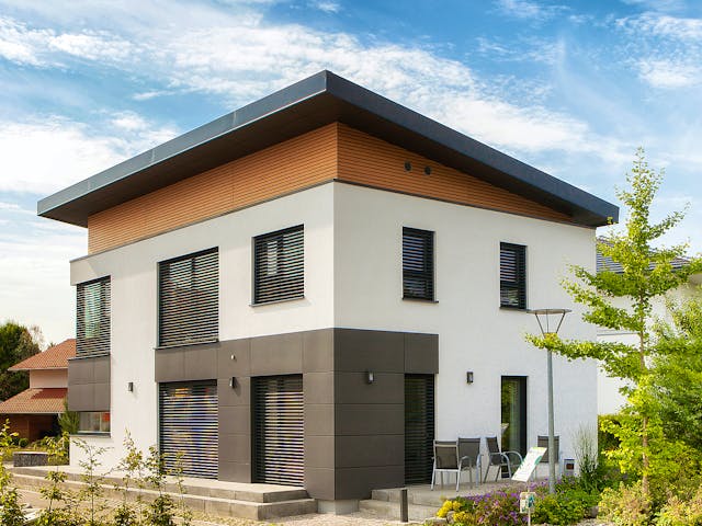 Fertighaus Musterhaus Poing von Wolf System, Pultdachhaus Außenansicht 1