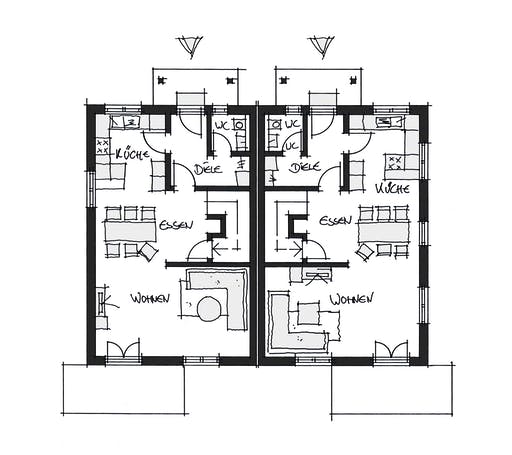 Fertighaus Doppelhaus Fürstenfeldbruck von Wolf System Schlüsselfertig ab 220000€, Satteldach-Klassiker Grundriss 1