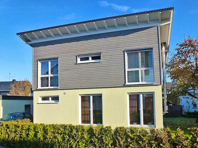 Fertighaus Haus Oberosterer von Wiese und Heckmann, Pultdachhaus Außenansicht 1 Fertighaus Haus Oberosterer von Wiese und Heckmann, Pultdachhaus Außenansicht 1
